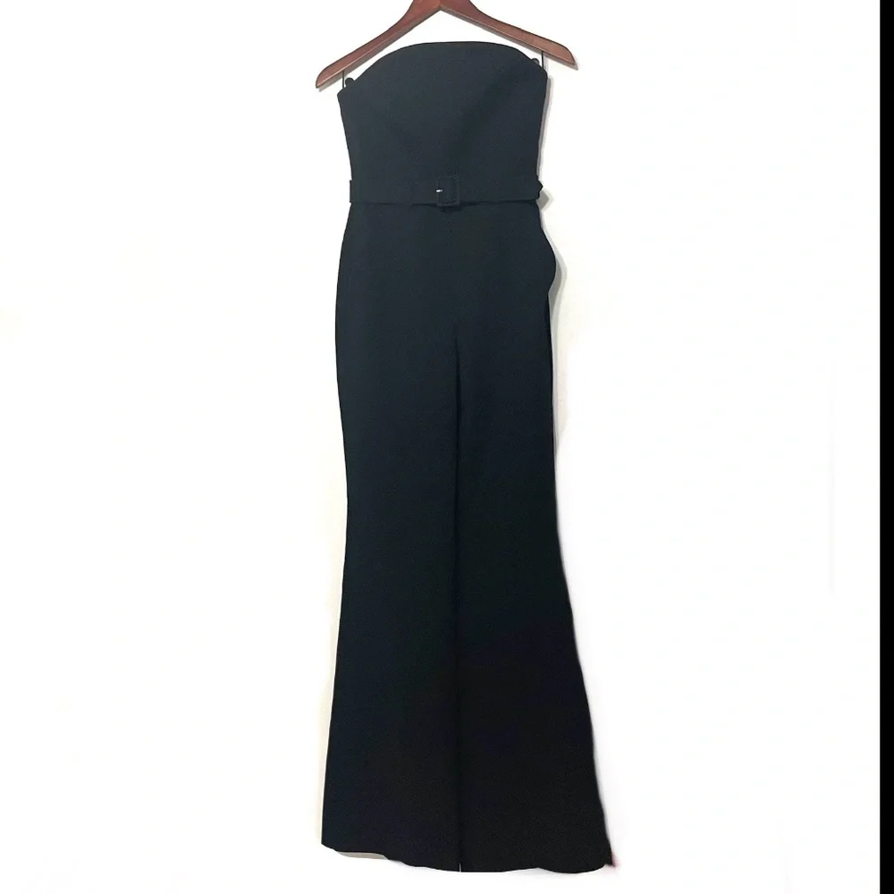 ALC Strapless Apron Front Black Tailored Belted Widish Leg Jumpsuit - Picture 4 of 16